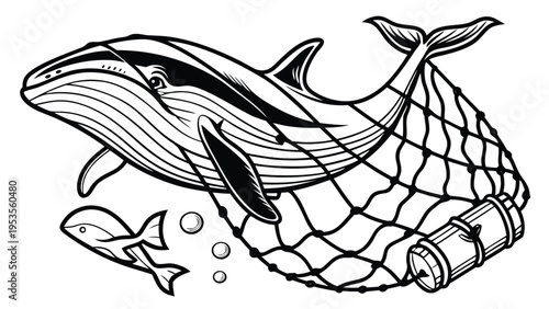 Whale Entangled in Fishing Net Ocean Pollution Engraving Illustration