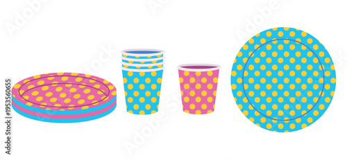 Disposable party tableware. Pink and blue dotted plates and glasses. Flat color vector illustration isolated on a white background