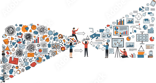 Business transformation from chaos to structured data analytics, team organizing information into strategy and performance dashboard vector illustration