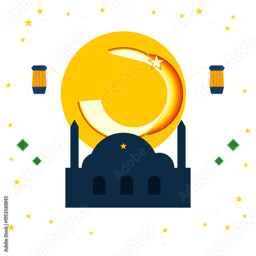 Eid Mubarak Idul Fitri Night Sky Mosque Crescent Moon Lantern Islamic Vector