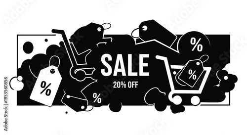 Eye-catching vector graphic illustration of a major shopping sale event with discount price tags and carts