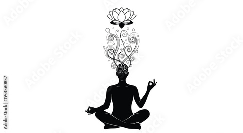 Calm person meditating in vector graphic illustration with mind energy flowing towards a lotus flower.
