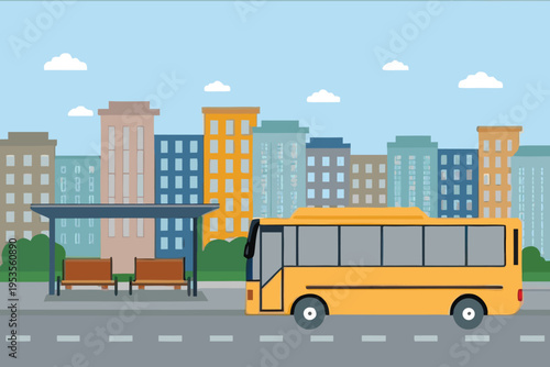 Yellow school bus stops at a bus shelter in a city