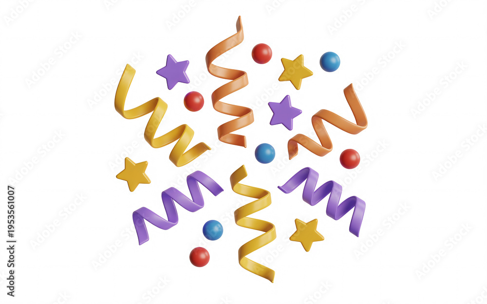 Fototapeta premium Colorful happy new year celebration confetti text with stars and ribbons isolated on white background festive greeting