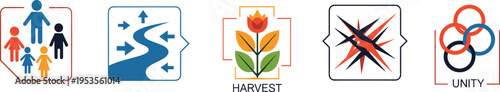 Conceptual icon set representing community growth direction harvest conflict and unity, abstract symbolic illustrations for social and business themes vector collection