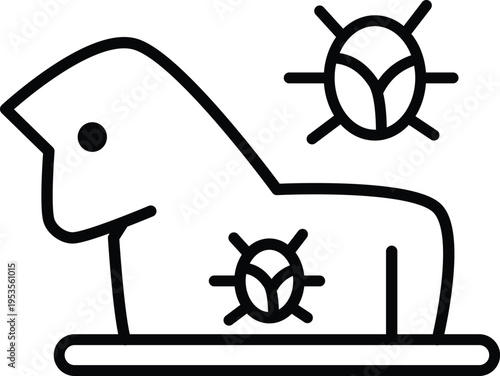 Minimal line icon of a trojan horse with bug symbols, representing malware, virus infection, cybersecurity threats, and hidden malicious software in digital systems