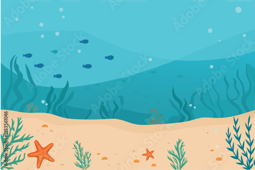 An underwater scene featuring colorful fish coral and marine plants