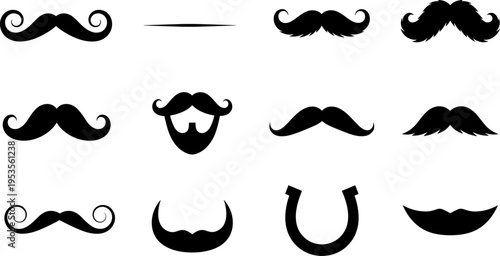 Mustache and beard silhouettes flat vector illustration, vintage facial hair styles icons set, barber grooming collection, hipster design elements