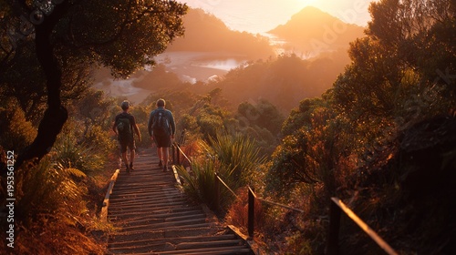 Two hikers walking up wooden stairs in a forest towards sunrise