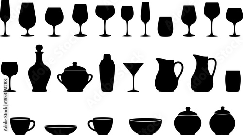 Kitchenware and drinkware silhouettes flat vector illustration, glass cup bowl jug teapot shaker icons set, tableware collection design elements
