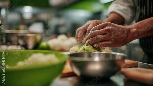 Chef kneading dough with herbs and flour on a countertop for baking banner and recipe background design