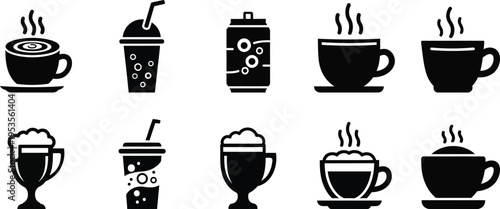 Drink icon set with solid glyph silhouette style vector symbols for cafe restaurant menu