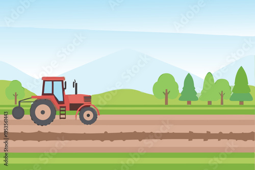 Red tractor working a field with rolling hills and trees