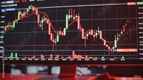 Financial stock market bear trend showing red Japanese candlestick chart analysis with falling dollar currency exchange rates in a professional digital trading data visualization interface.