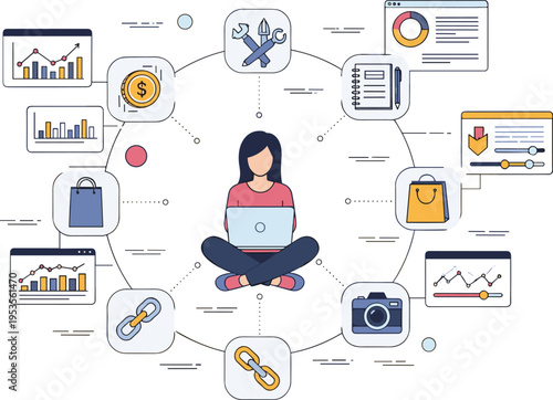 Digital entrepreneur managing online business tools with laptop, multitasking workflow, e commerce analytics and productivity apps flat vector illustration