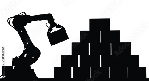 Industrial robotic arm places a box onto a growing stack of identical boxes, illustrating automation and manufacturing processes