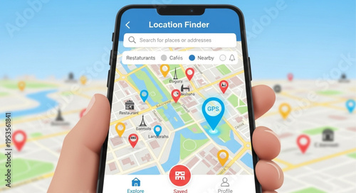 Smartphone displaying a location finder app with map and various points of interest.