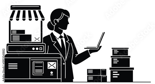 Female small business owner managing online orders and shipping logistics using a portable computer vector illustration