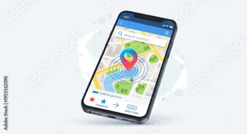 Smartphone Displaying a Location-Based Application with Map and Pin.