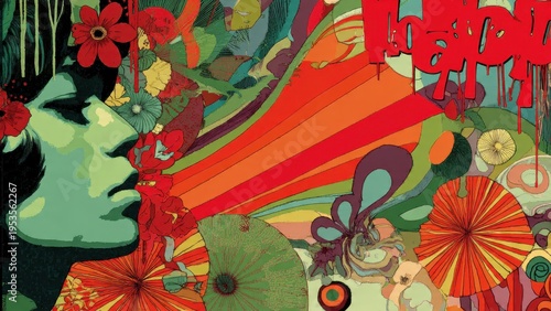 Vibrant Retro Psychedelic Art Illustration with Abstract Flowers, Swirling Patterns, and a Rainbow Wave, Evoking a 60s Hippie Aesthetic