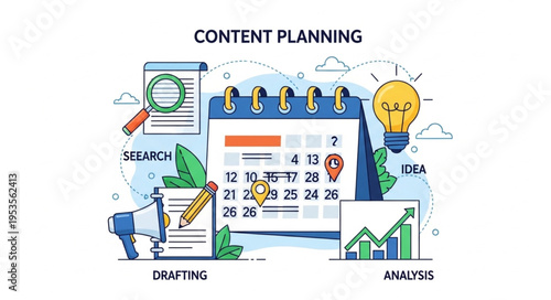 Content Planning Illustration - Research, Drafting, Analysis, and Idea Generation.