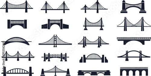 Bridge Silhouette Icon Vector Set with Suspension, Arch, Cable Stayed, and Overpass Structures for Transportation and Architecture Design Collection
