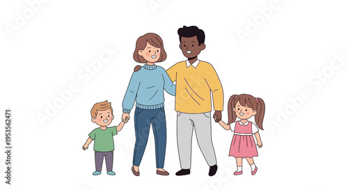A diverse family of four stands closely together smiling warmly