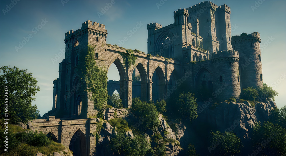 Obraz premium A dramatic view of a weathered ancient castle ruin stands majestically on a hillside high quality