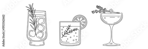 Minimalist herbal cocktail line art icons – Perfect for modern bar menus, restaurant branding, or mixology blog content.