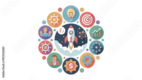Business and Innovation Rocket Launch Illustration Set Featuring Light Bulb, Target, Gears, Growth Graph, Finance and Leadership Icons”