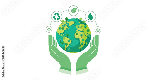 Hands cradling the earth with environmental sustainability symbols overhead