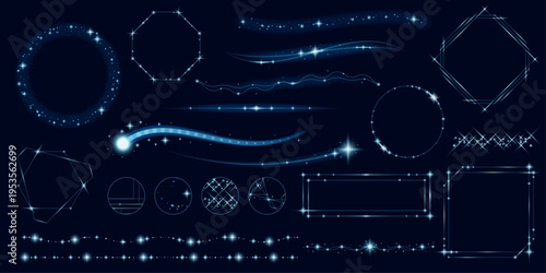 キラキラ流れ星の青いサイバー光彩フレームセット
