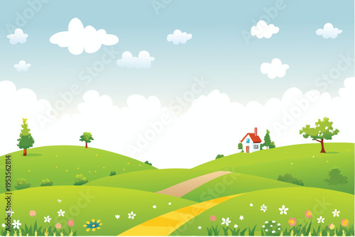 A cheerful cartoon landscape with rolling green hills and blue sky
