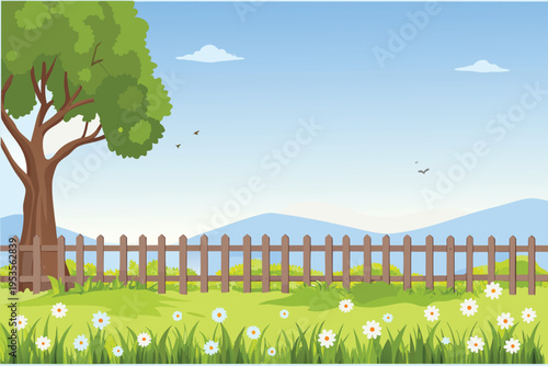 Peaceful landscape featuring a tree fence and distant mountains