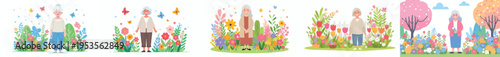 vector of a grandma standing happily with a background of blooming flowers