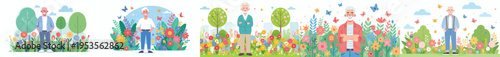 vector of a grandpa standing happily with a background of blooming flowers