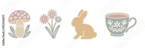 Cottagecore spring icon set with mushroom and bunny – Perfect for lifestyle blogs, whimsical branding, or nursery decor.