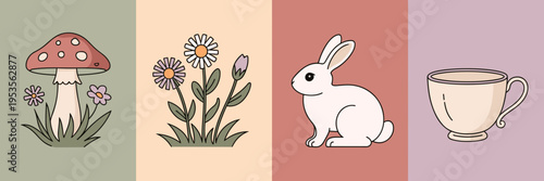Minimalist mushroom, wildflower, and bunny vector icons – Great for rustic wedding stationery, scrapbooking, or nature apps.