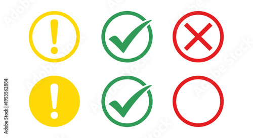 Collection of round colored warning and status icons with exclamation, check, and cross symbols in yellow green and red.
