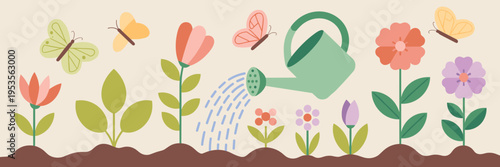 Eco-friendly garden growth icons with watering can – Great for community garden websites, plant nurseries, or nature education.