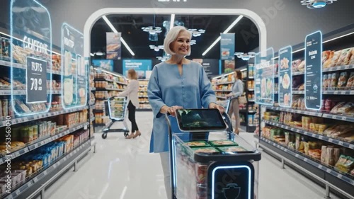 Smart shopping cart and delivery drones in futuristic supermarket