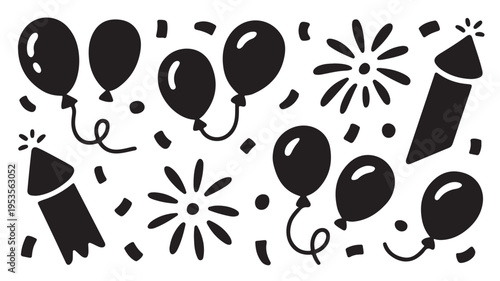 Black Silhouette Balloons Confetti Celebration Party Icons Isolated on White