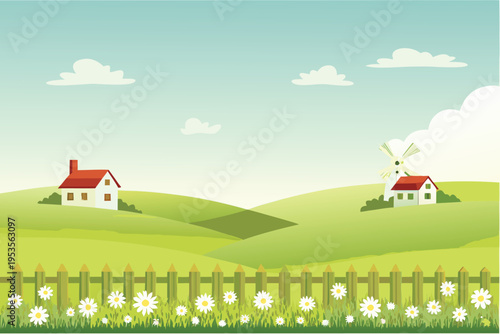 Peaceful countryside scene with a red roofed house and windmill