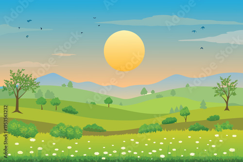 A vibrant landscape featuring a large sun over rolling green hills