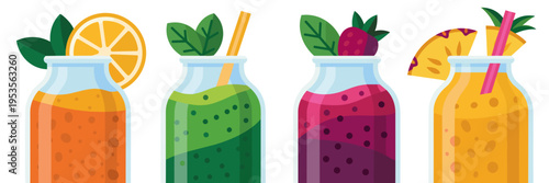 Minimalist berry blend and tropical juice glass bottles – Great for vegan cafe signage, clean eating guides, or drink packaging.