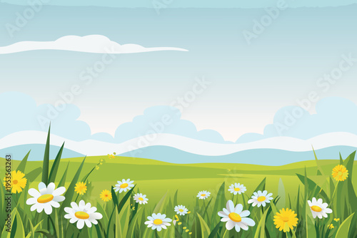A serene landscape with wildflowers and a bright blue sky