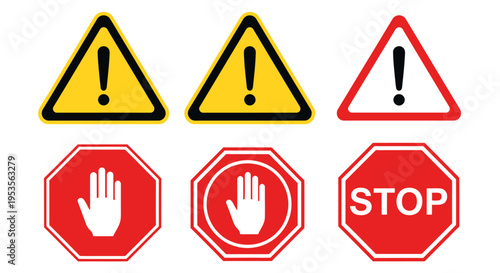 Set of warning triangle icons and stop signs with hands and alert symbols for safety signage and prohibition graphics.