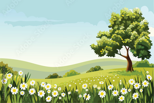 A peaceful countryside landscape with a large leafy tree