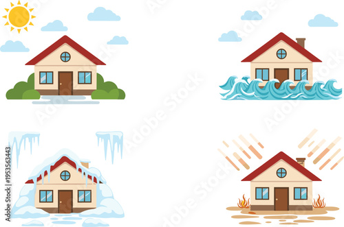 House in different climate conditions set with sunny flood winter snow and drought disaster scenarios, environmental change concept flat vector illustration