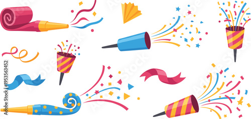 Party Blowers and Confetti Vector Illustration Set with Festive Noise Makers, Streamers, Celebration Elements, and Colorful Event Decoration Collection